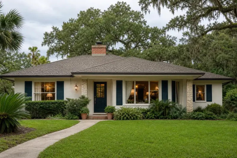 A 1980s concrete-block ranch house with a hip roof in soft daylight with a short brick chimney with a concrete crown above a hip roof standing clear above the roofline; illustrative image