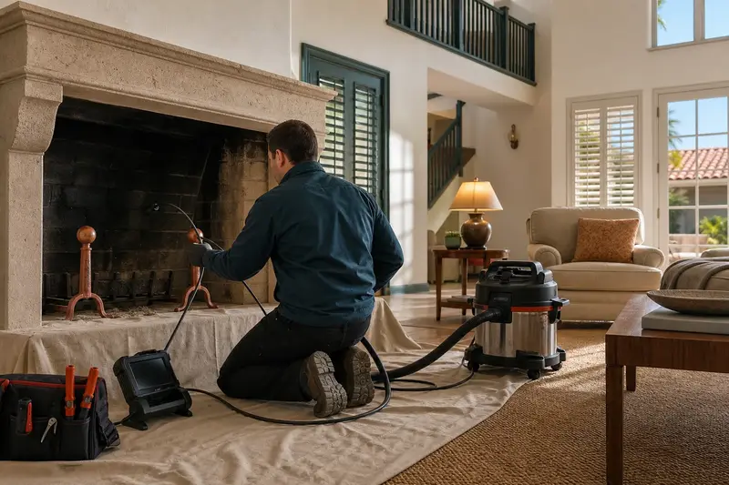A technician guiding an inspection camera into the firebox of an open masonry wood-burning fireplace, the fireplace cold and unlit; illustrative image