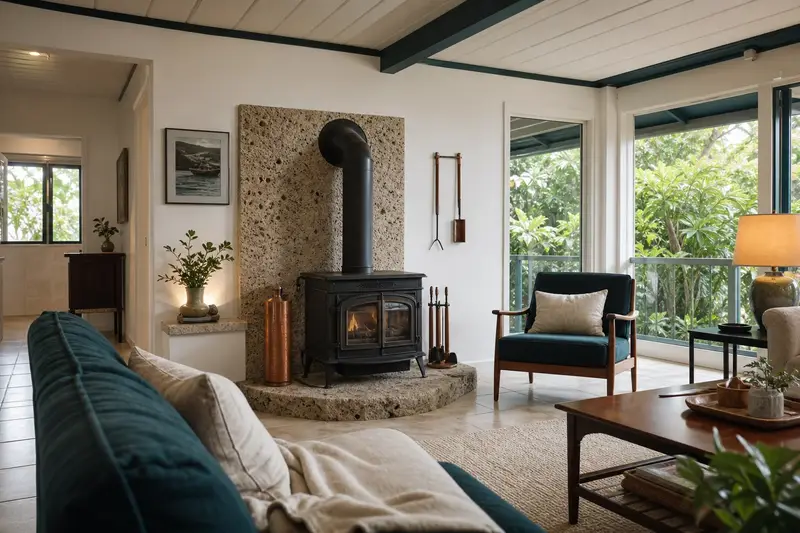 A summer living room with a cast-iron wood stove on a stone hearth pad, glass doors closed and green trees outside the windows; illustrative image