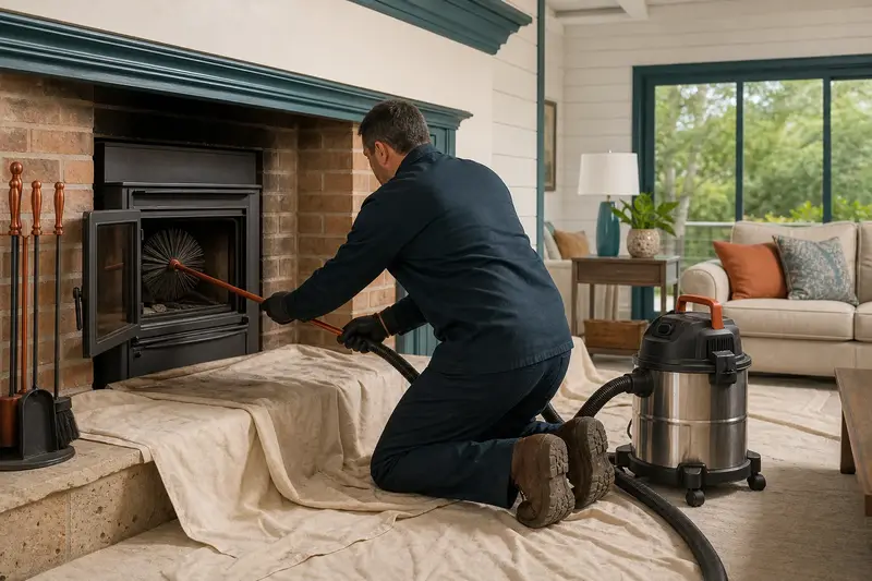 A technician brushing the flue of a wood-burning insert in a brick opening on a humid summer day, drop cloths on the hearth; illustrative image