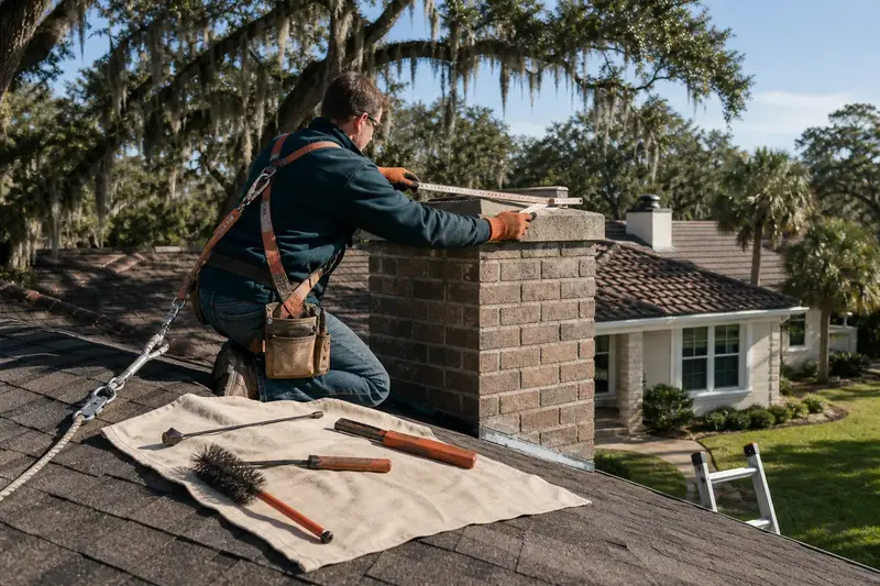 A harnessed mason measuring the crown of a short brick chimney with a concrete crown above a hip roof with a folding rule; illustrative image