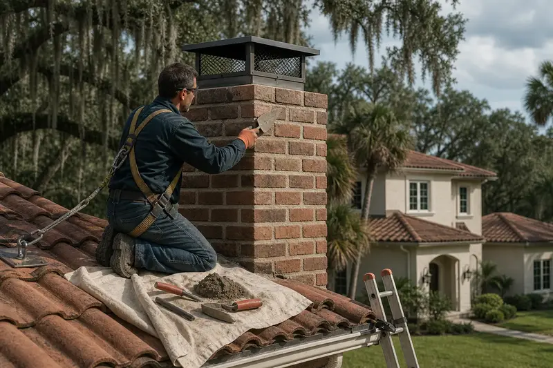 A harnessed mason repointing mortar joints on a brick chimney with a metal cap with a pointing trowel; illustrative image