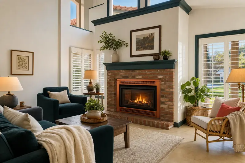 A warm living room with a gas insert set in a brick opening glowing softly behind its glass, no one present; illustrative image