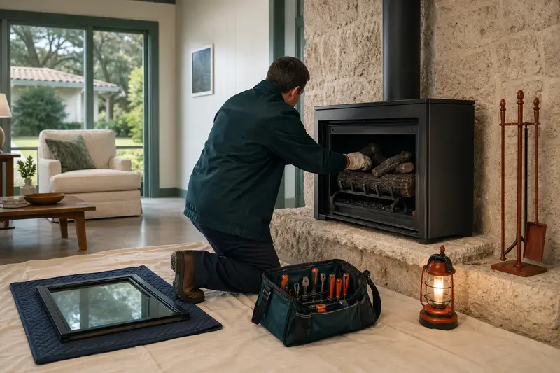 A technician checking the burner and log placement of a freestanding gas stove with the gas off and the glass set aside; illustrative image