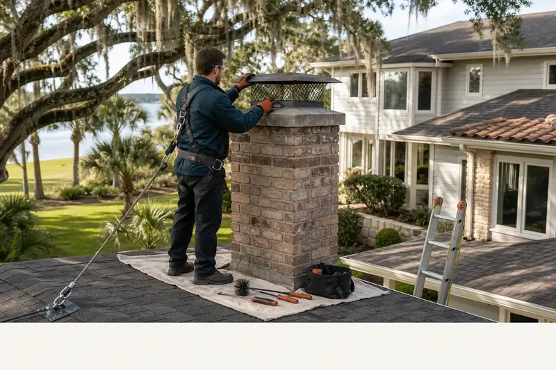 A harnessed technician checking the cap and crown of a brick chimney with a metal cap before the heating season; illustrative image