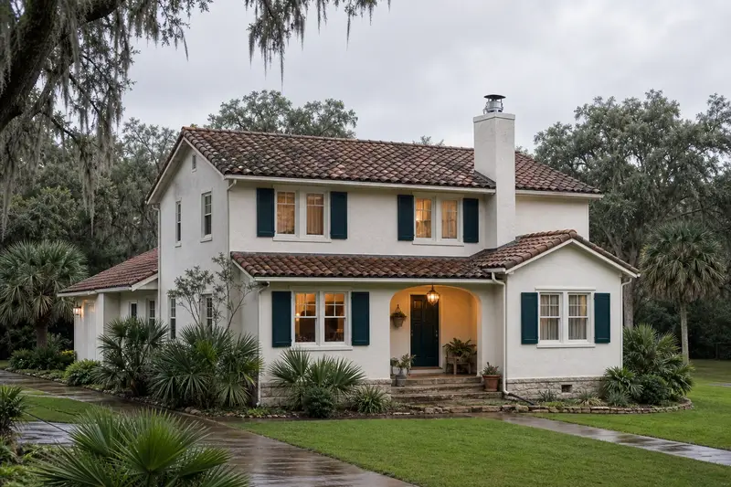 A 1980s two-story stucco house with a barrel tile roof after steady rain with a stucco-clad masonry chimney with a metal cap and a stainless steel cap; illustrative image