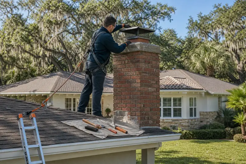 A harnessed technician examining the crown and cap of a short brick chimney with a concrete crown above a hip roof from a dry roof; illustrative image