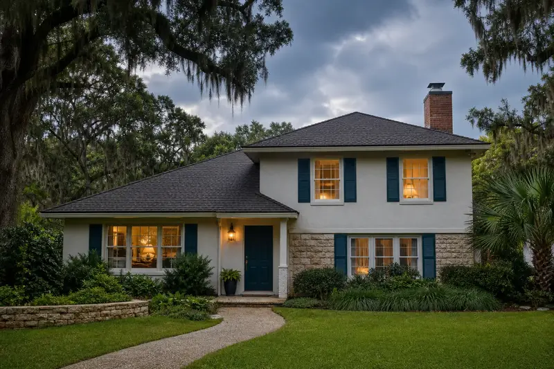 A 1980s split-plan stucco house with a shingle hip roof with a brick chimney with a metal cap topped by a new stainless steel cap; illustrative image
