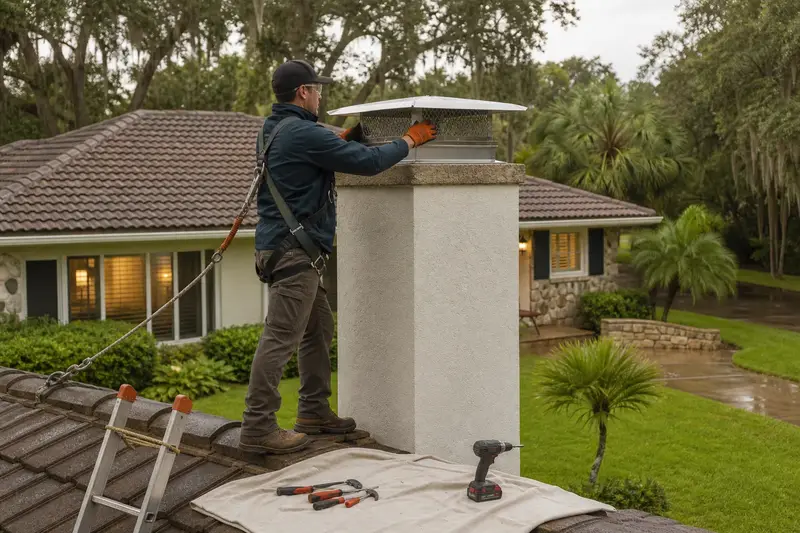 A harnessed technician setting a stainless steel mesh chimney cap onto a stucco-clad masonry chimney with a metal cap; illustrative image