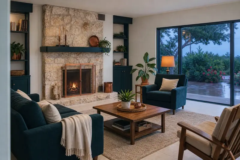 A living room with a factory-built wood-burning fireplace with a stone facing and a small fire behind a screen, no one present; illustrative image