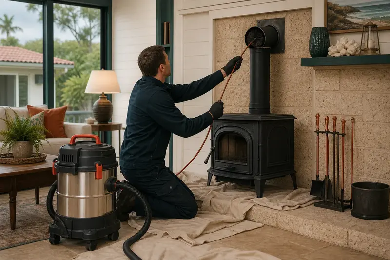 A technician feeding a rotary chimney brush up the flue of a cast-iron wood stove on a stone hearth pad, drop cloths and a sealed vacuum on the hearth; illustrative image