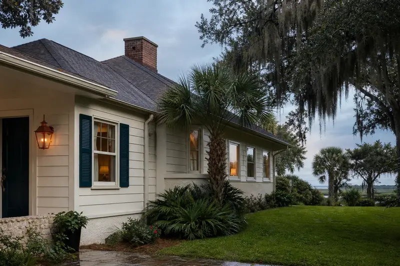 A 1980s coastal contemporary house with lap siding in soft daylight with a short brick chimney with a concrete crown above a hip roof standing clear above the roofline; illustrative image