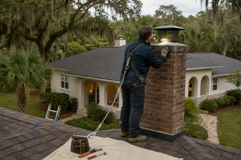 A harnessed technician examining the top of a brick chimney with a metal cap with a flashlight from a dry roof surface; illustrative image