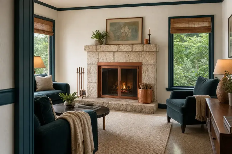 A summer living room with an open masonry wood-burning fireplace, glass doors closed and green trees outside the windows; illustrative image