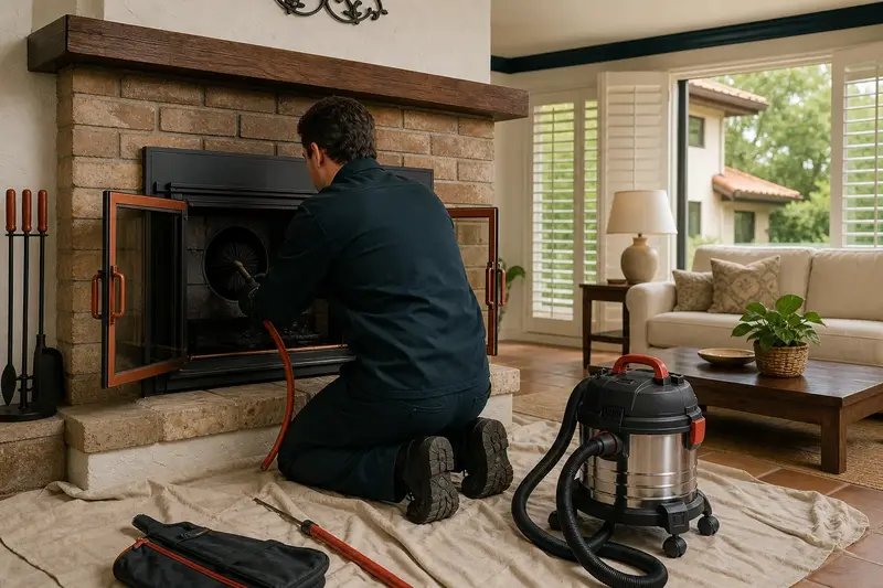 A technician brushing the flue of a wood-burning insert in a brick opening on a humid summer day, drop cloths on the hearth; illustrative image