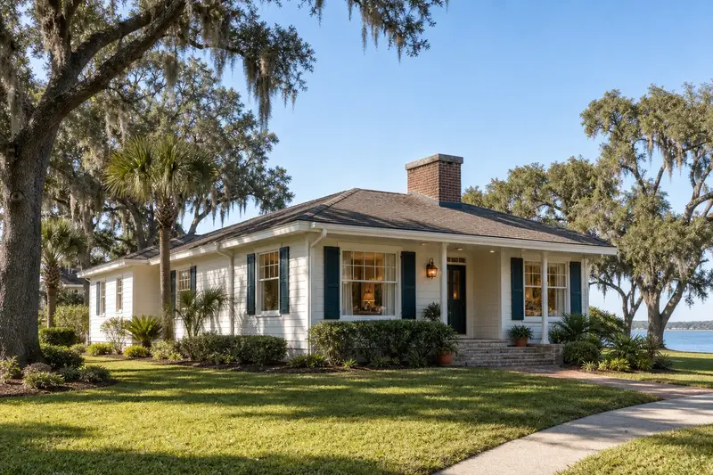 A 1980s coastal contemporary house with lap siding with a short brick chimney with a concrete crown above a hip roof and neat, even mortar joints; illustrative image