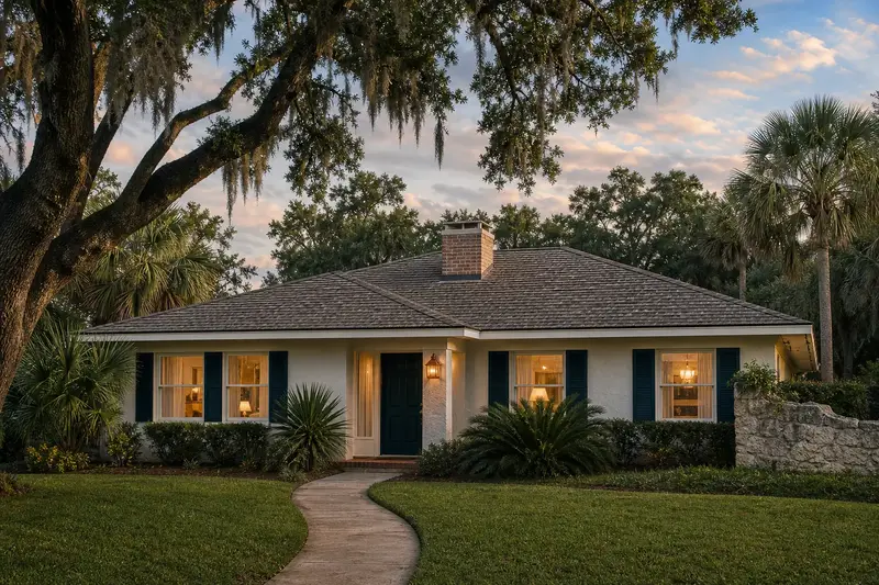 A 1980s concrete-block ranch house with a hip roof with a short brick chimney with a concrete crown above a hip roof and neat mortar joints; illustrative image