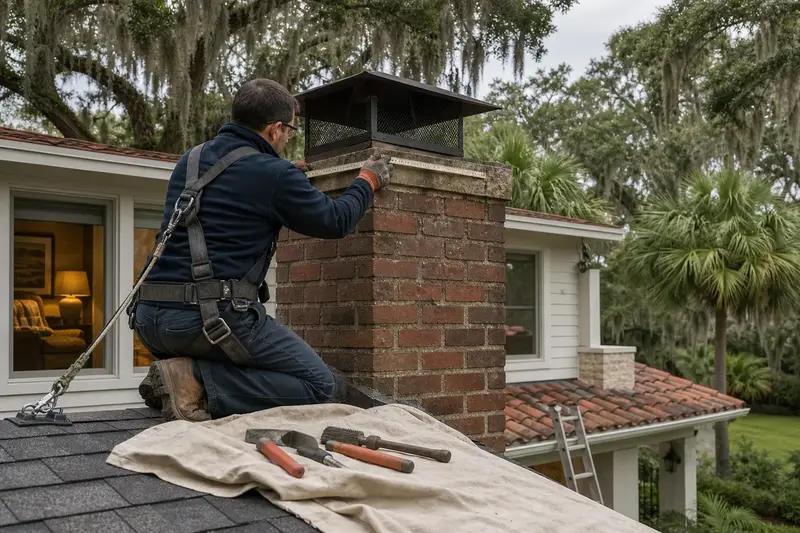A harnessed mason measuring the crown of a brick chimney with a metal cap with a folding rule; illustrative image