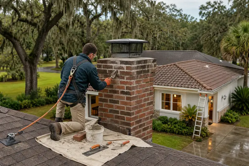 A harnessed mason repointing mortar joints on a brick chimney with a metal cap with a pointing trowel; illustrative image