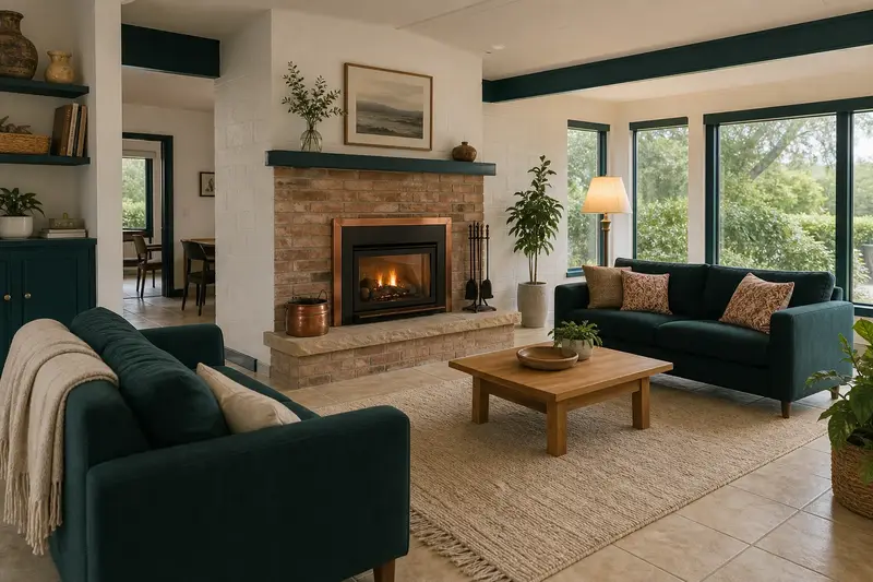 A warm living room with a gas insert set in a brick opening glowing softly behind its glass, no one present; illustrative image