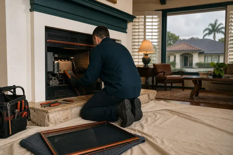 A technician kneeling at a direct-vent gas fireplace with the glass front removed, testing the controls with a multimeter; illustrative image