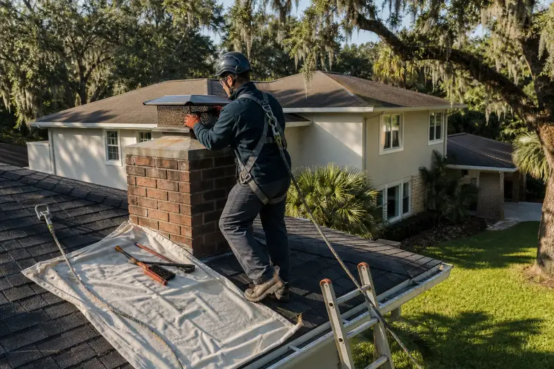 A harnessed technician examining the crown and cap of a brick chimney with a metal cap from a dry roof; illustrative image