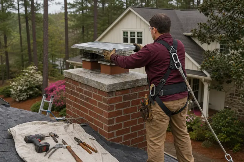 A harnessed technician fastening a multi-flue cap over the crown of a two-flue brick chimney with a stainless steel cap; illustrative image