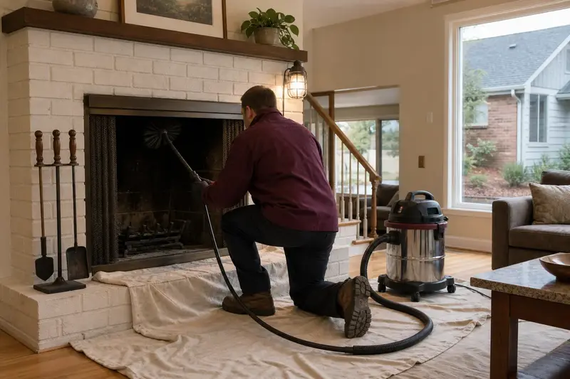 A technician feeding a rotary chimney brush up the flue of an open masonry wood-burning fireplace, drop cloths and a sealed vacuum on the hearth; illustrative image