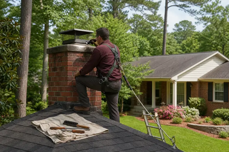 A harnessed technician examining the top of an exterior end brick chimney on a gable roof with a flashlight from a dry roof surface; illustrative image
