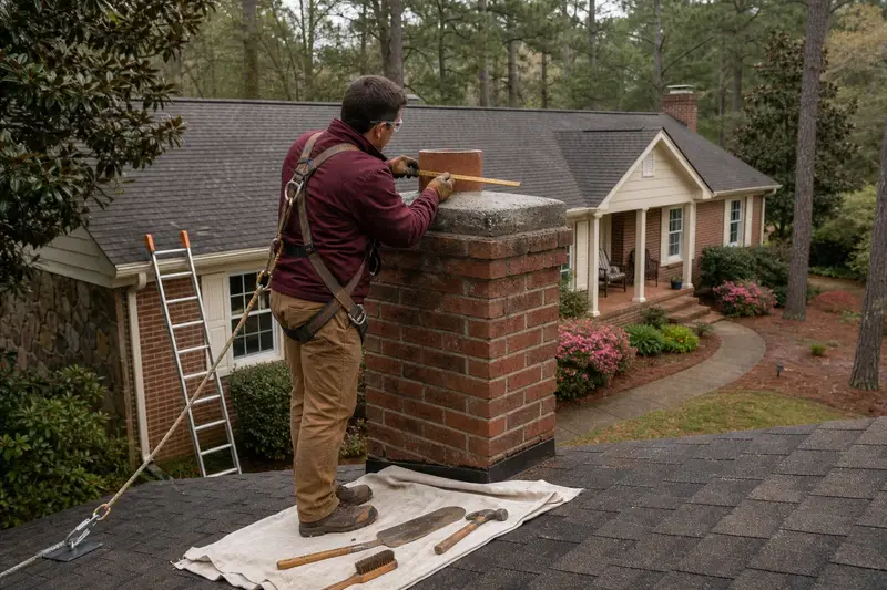 A harnessed mason measuring the crown of an exterior end brick chimney on a gable roof with a folding rule; illustrative image