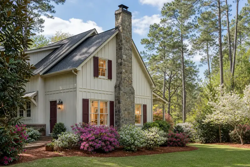 A 1980s farmhouse-style house with board-and-batten siding seen from the street with a granite stone chimney with a metal cap; illustrative image