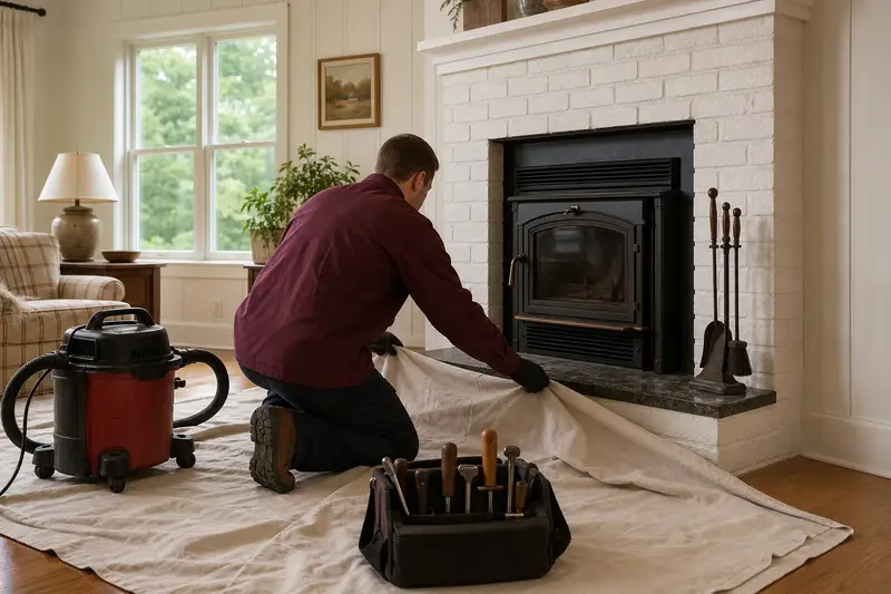 A technician laying drop cloths before servicing a wood-burning insert in a brick opening, the fireplace cold; illustrative image