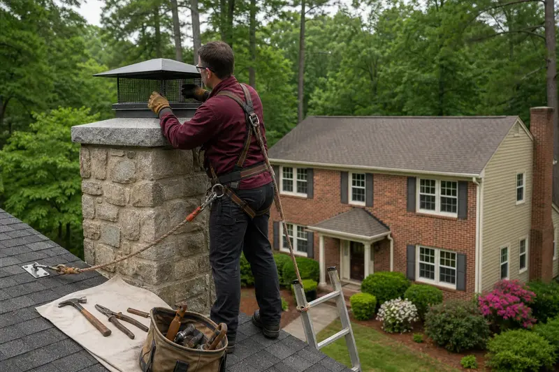 A harnessed technician fitting a mesh cap on a granite stone chimney with a metal cap to keep animals out; illustrative image