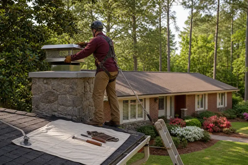 A harnessed technician setting a stainless steel mesh chimney cap onto a granite stone chimney with a metal cap; illustrative image