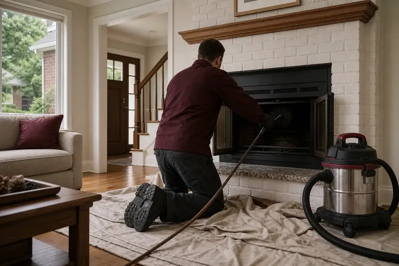 A technician feeding a rotary chimney brush up the flue of a wood-burning insert in a brick opening, drop cloths and a sealed vacuum on the hearth; illustrative image