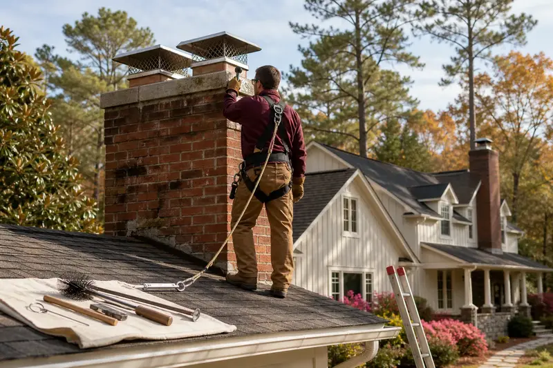 A harnessed technician examining the top of a two-flue brick chimney with a stainless steel cap with a flashlight from a dry roof surface; illustrative image