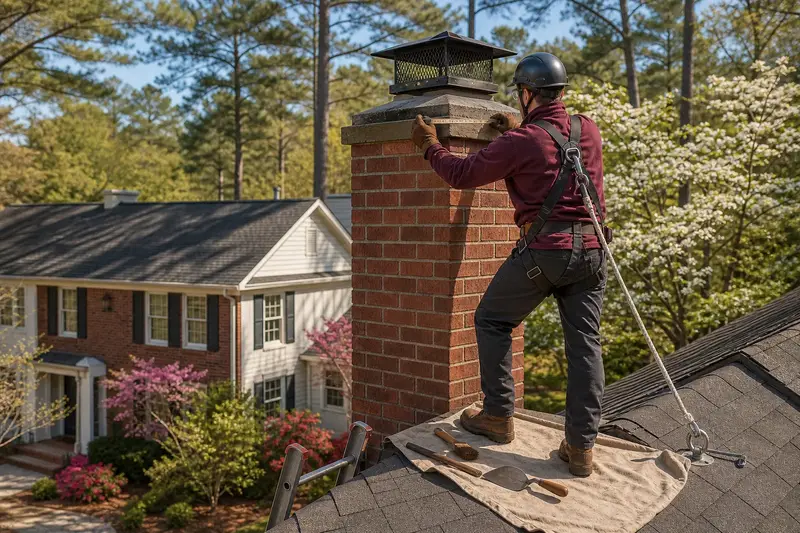A harnessed mason measuring the crown of an exterior end brick chimney on a gable roof with a folding rule; illustrative image