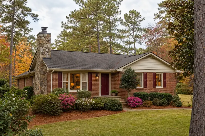 A 1980s brick ranch house with a granite stone chimney with a metal cap and warm lamp-lit windows; illustrative image