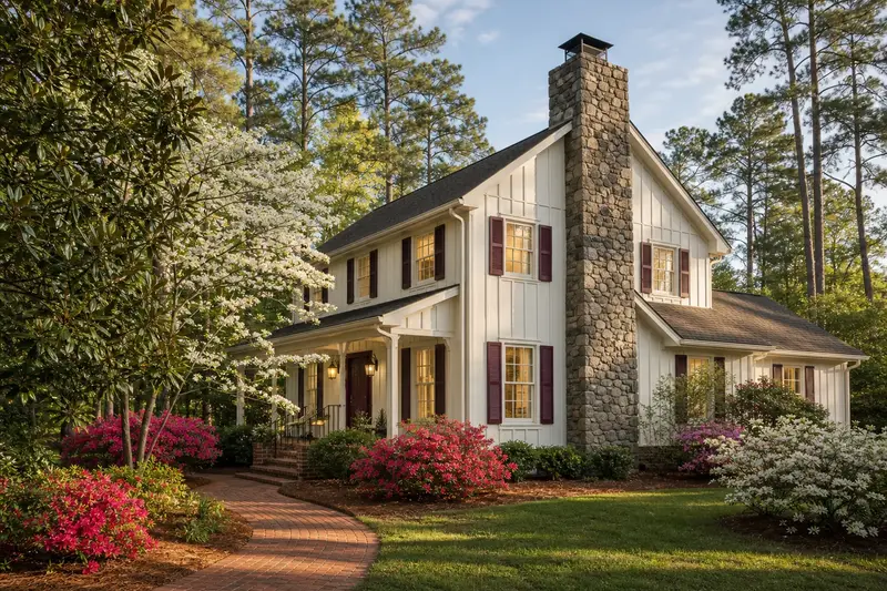 A 1980s farmhouse-style house with board-and-batten siding with a granite stone chimney with a metal cap, lit windows and a swept front walk; illustrative image