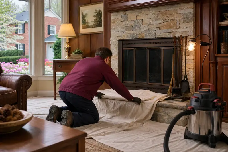 A technician laying drop cloths before servicing a factory-built wood-burning fireplace with a stone facing, the fireplace cold; illustrative image
