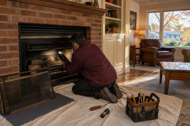 A technician checking the pilot assembly of a gas insert set in a brick opening with the glass front removed; illustrative image