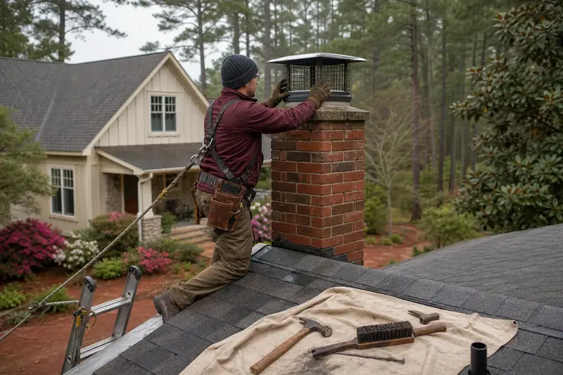 A harnessed technician fitting a mesh cap on an exterior end brick chimney on a gable roof to keep animals out; illustrative image