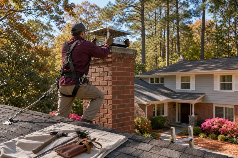 A harnessed technician setting a stainless steel mesh chimney cap onto a red brick chimney with a concrete crown on an asphalt shingle roof; illustrative image