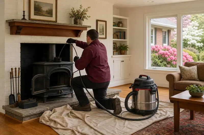A technician feeding a rotary chimney brush up the flue of a cast-iron wood stove on a stone hearth pad, drop cloths and a sealed vacuum on the hearth; illustrative image