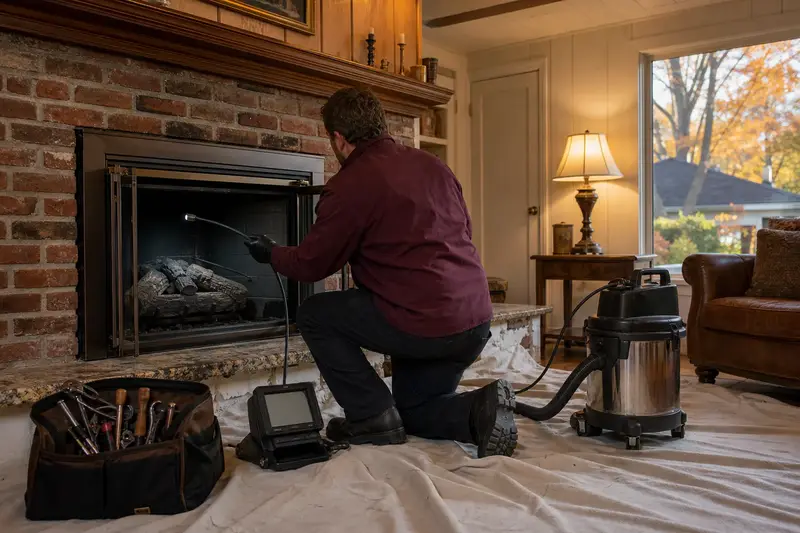 A technician guiding an inspection camera into the firebox of a direct-vent gas fireplace, the fireplace cold and unlit; illustrative image