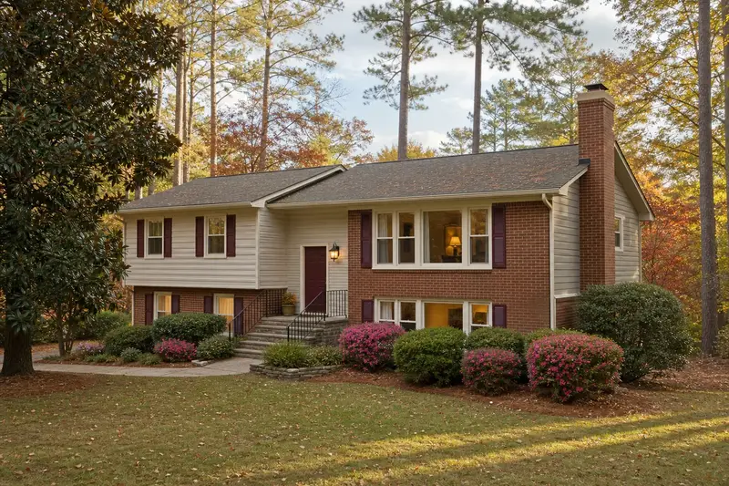 A 1970s split-level house with brick and siding with a red brick chimney with a concrete crown on an asphalt shingle roof and neat mortar joints; illustrative image