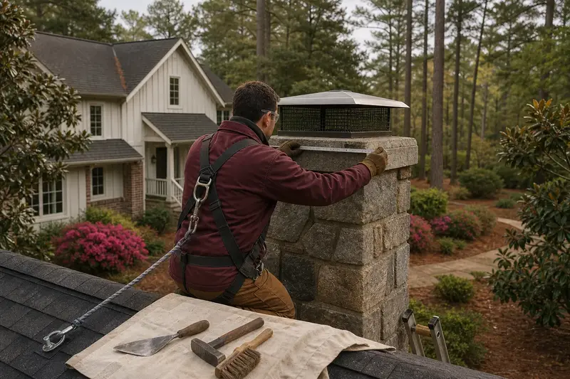 A harnessed mason measuring the crown of a granite stone chimney with a metal cap with a folding rule; illustrative image