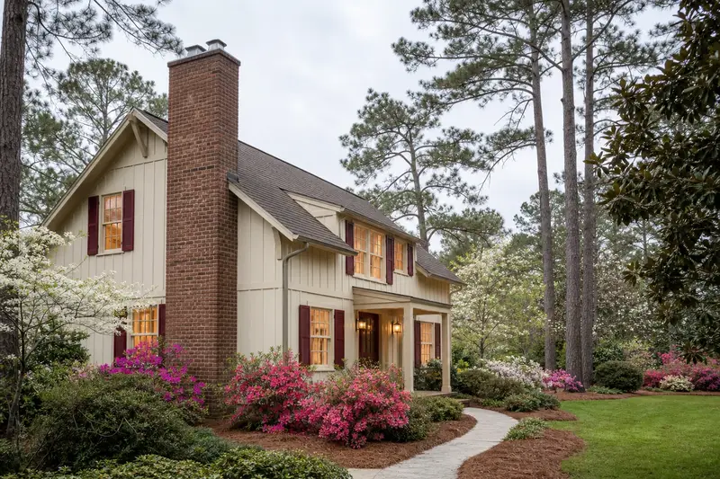 A 1970s farmhouse-style house with board-and-batten siding with a two-flue brick chimney with a stainless steel cap, lit windows and a swept front walk; illustrative image