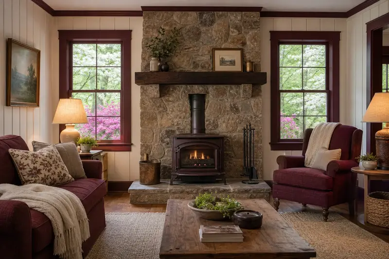 A remodeled living room with a freestanding gas stove framed by a floor-to-ceiling stone surround; illustrative image
