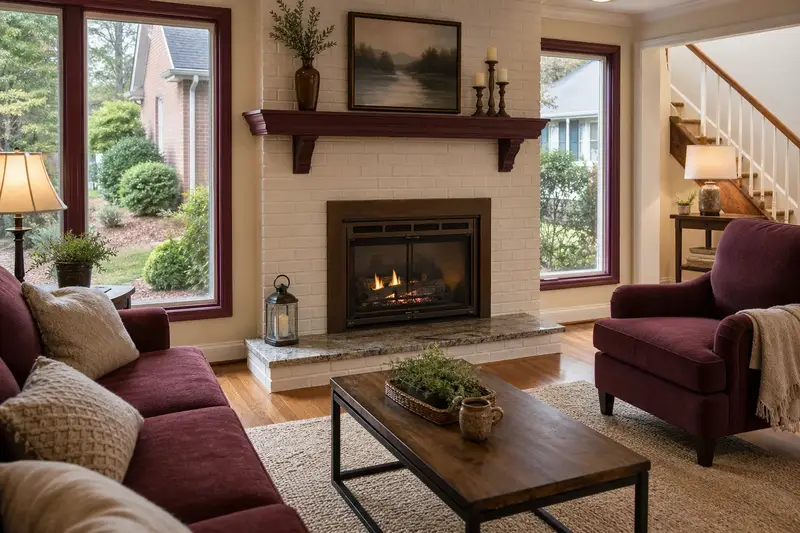 A warm living room with a vented gas log set in a masonry firebox glowing softly behind its glass, no one present; illustrative image